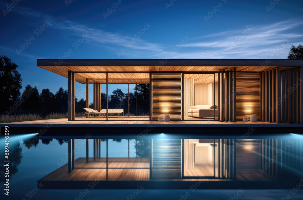 Evening photo of a modern villa with infinity pool Evening photo of a modern villa with infinity pool