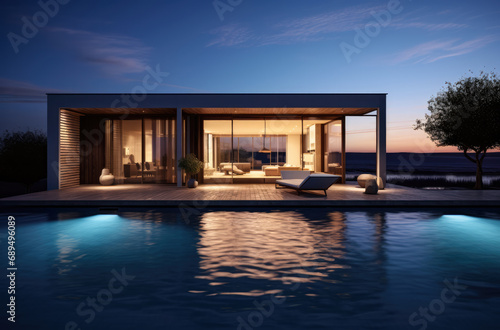 Evening photo of a modern villa with infinity pool © JuanM