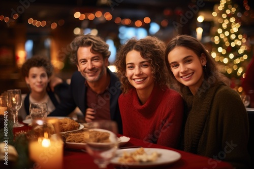 Portrait of happy family sitting at christmas dinner table in restaurant  A photo of attractive female on Christmas diner with family  AI Generated