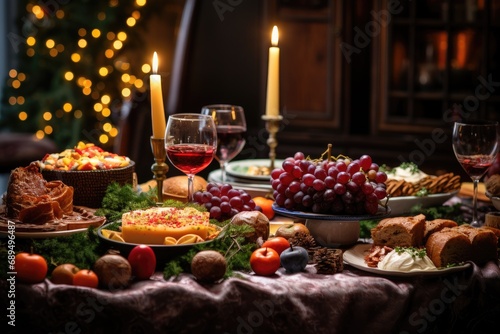 Festive table served for Christmas dinner with a variety of food and wine, A photo of Christmas table with food, AI Generated