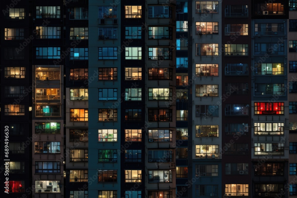 Windows of a residential building at night in Hong Kong, China, A photo of a night city, an apartment building, lots of windows glowing in the night, AI Generated - obrazy, fototapety, plakaty 