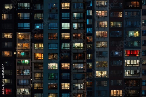 Windows of a residential building at night in Hong Kong, China, A photo of a night city, an apartment building, lots of windows glowing in the night, AI Generated photo