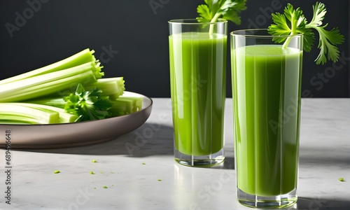 Two glasses of healthy and refreshing homemade juice made from celery. Health and wellness concept.