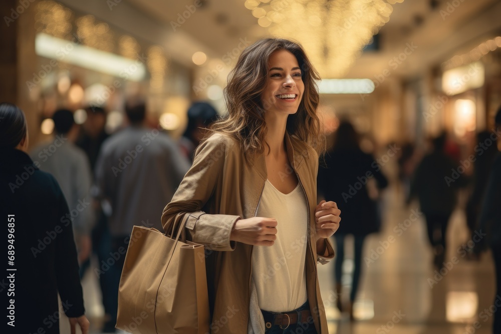 Beautiful young woman with shopping bags in the shopping mall, she is happy and smiling, Digital Illustration of a Female Head with Light Trail in the Forehead, a side view of, AI Generated - obrazy, fototapety, plakaty 