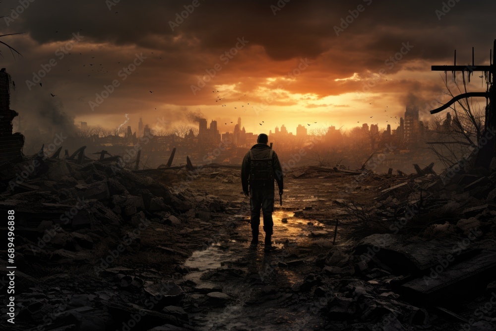 Silhouette of a man with a backpack in the destroyed city, A soldier marching toward an apocalyptic ruined landscape, AI Generated