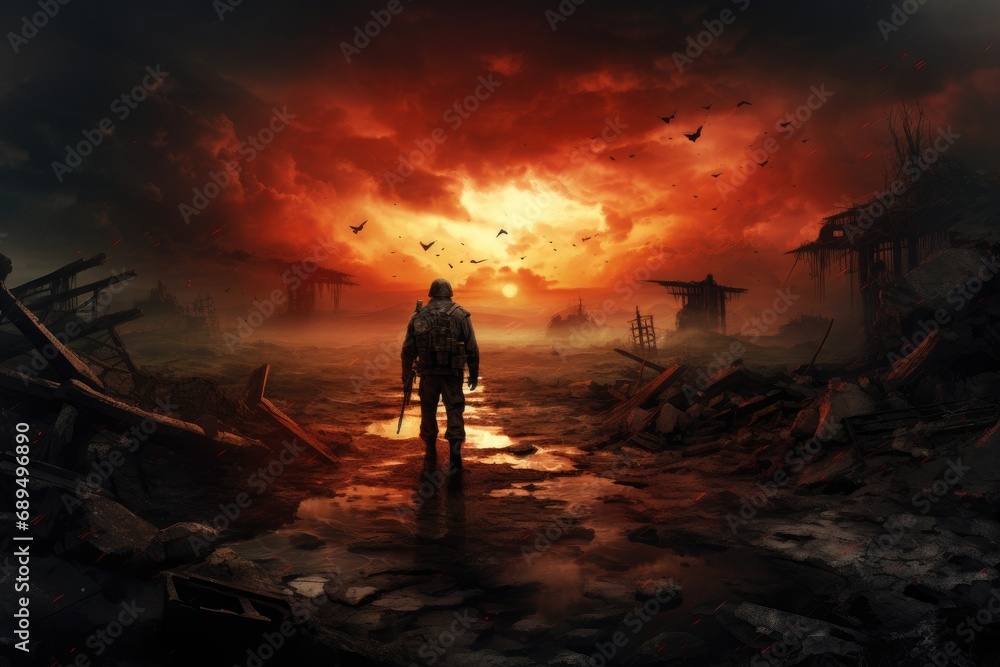 Fantasy landscape of a man in a gas mask standing in the middle of the river, A soldier marching toward an apocalyptic ruined landscape, AI Generated
