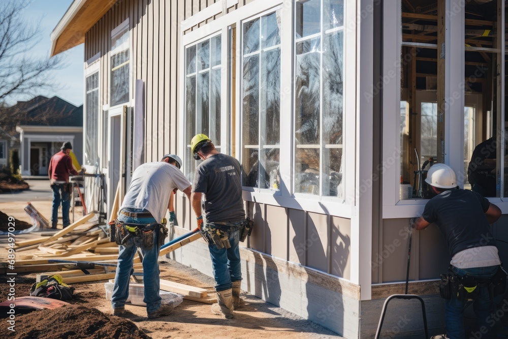 Construction workers are building a house on a new residential development project, A team of workers installing windows and doors in a new house, AI Generated