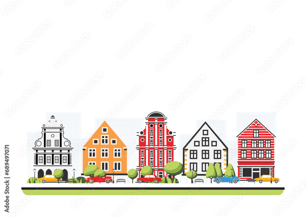 Naklejka premium City district with old buildings in flat style with trees and cars. City scene isolated on white background. Urban architecture. Old street european architecture.