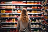back view of young woman looking at jars with canned food in supermarket, A woman comparing products in a grocery store, AI Generated