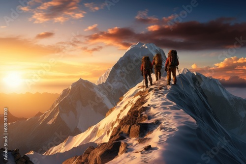 Climbers walking on top of a mountain at sunset, 3d render, A team of climbers at the top of a high mountain in the light of the setting sun, AI Generated