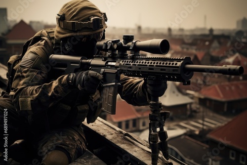 Portrait of a special forces soldier with assault rifle on the roof, A U,S, Army sniper looking through the scope on a building rooftop, AI Generated photo