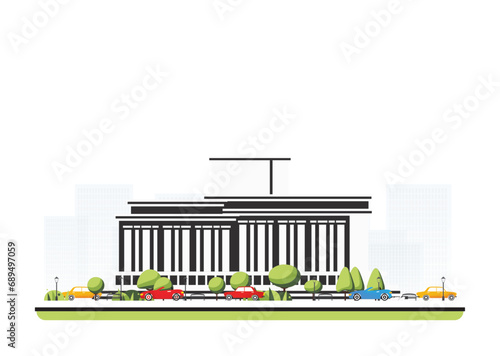 Modern museum building in flat style with trees and cars. City scene isolated on white background. Urban architecture. Art gallery of contemporary art.