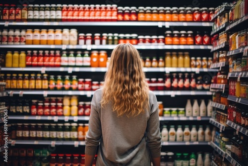 back view of young woman looking at jars with canned food in supermarket, A woman comparing products in a grocery store, AI Generated photo