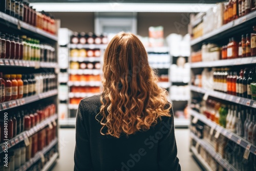 Rear view of a young woman shopping in a grocery store, A woman comparing products in a grocery store, AI Generated