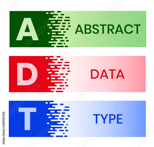 ADT, ABSTRACT DATA TYPE acronym. Concept with keyword and icons. Flat vector illustration. Isolated on white.