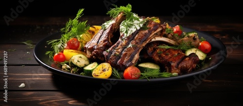 Grilled lamb ribs with mixed vegetables and mint.