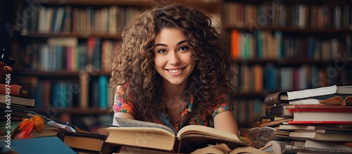 Joyful, intelligent student with her study materials