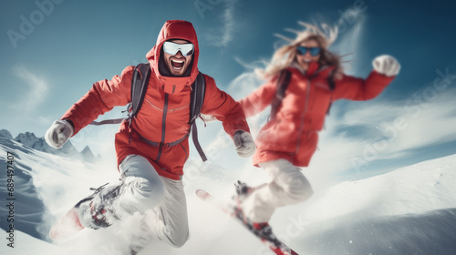 Happy, laughing young people in love skiing on snowy mountains at a ski resort, during vacation and winter holidays, bottom view.