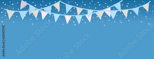Festive blue background with hanging garlands of colorful flags and confetti.