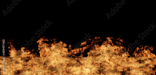 黒背景にオレンジ色の炎、火。コピースペース。3D（横長）