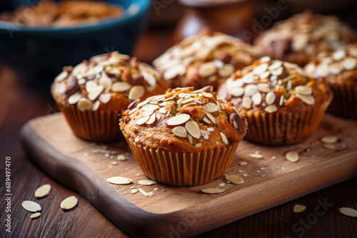 Delicious muffins with nuts and seeds on wooden table