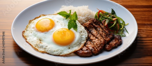 Chicken Heart and Fried Egg on a White Wooden Surface with Holy Basil Fried Rice.