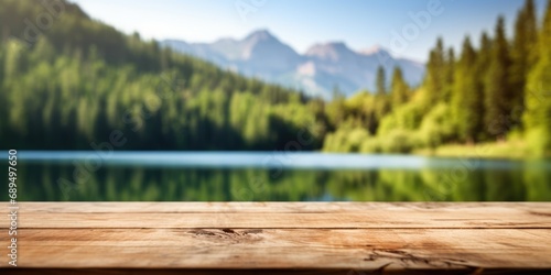 The empty wooden table top with blur background of summer lakes mountain. Exuberant image. generative AI