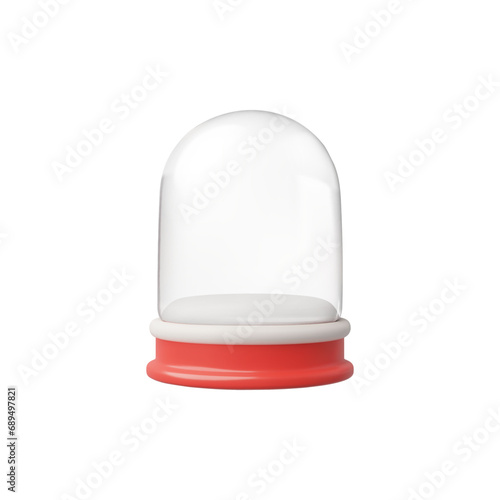Empty 3d snow globe with a vertical orientation, it has a clear, cylindrical dome and a bold red base.