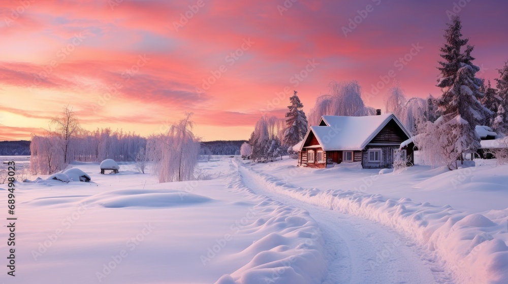 Obraz premium A small cozy, homely house in a village in the distance surrounded by a snow-covered landscape of beautiful nature in the middle of winter in pink sunshine.