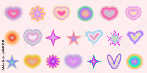Gradient Y2K blur element set. Abstract aesthetic y2k shape blur heart, star and circle. Gradient vector illustration photo