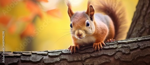 Experience meeting an enchanting squirrel friend in this captivating photo displaying its playful and curious demeanor atop a tree branch.