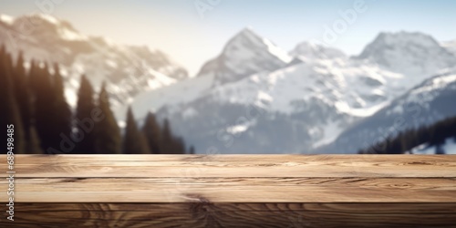 The empty wooden table top with blur background of Alpine with snow capped. Exuberant image. generative ai