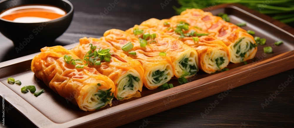 Korean rolled omelette, also called Tamagoyaki in Japan, with spring onion and carrot.