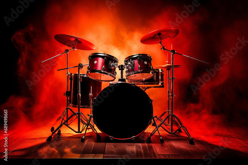 drum kit on a dark music stage in red light