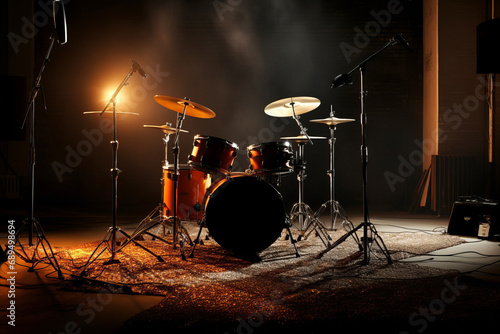 drum kit on a dark music stage in warm cozy lighting