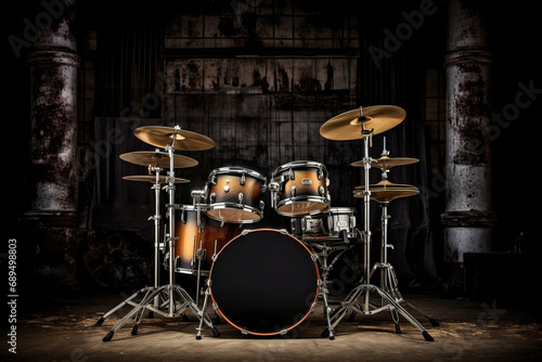 drum kit on dark music stage close up