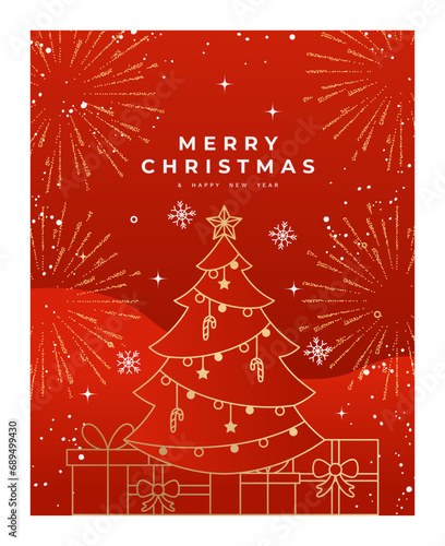 Elegant christmas invitation card art deco design vector. Luxury christmas tree, bauble ball, holly, firework line art on red and blue background. Design illustration for cover, poster, wallpaper.