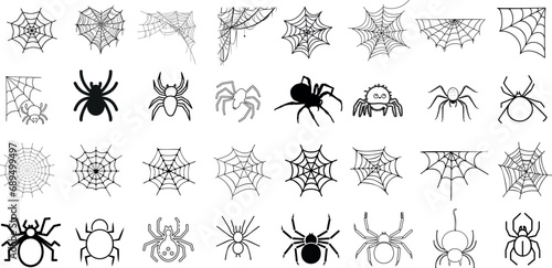 Spider, web, vector, illustration isolated on white.Various styles of spider webs and spiders, perfect for Halloween, gothic, horror, macabre themes. Ideal for decoration, design elements, patterns