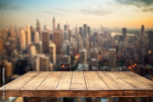 The empty wooden table top with blur background of cityscape. Exuberant image. generative AI
