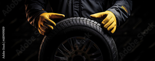 Car mechanic hold a tire detail on black background.