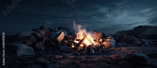 Rockside bonfire in darkness.