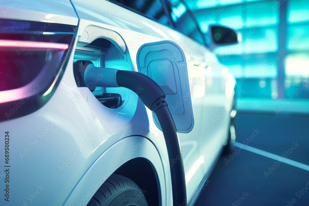 Electric car charging in concept of green energy and eco power. Modern urban environment. Electric car charging in concept of green energy and eco power. Modern urban environment.