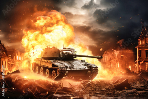 War Concept. Tank in a destroyed city or village. Military action battle scene against the backdrop of fire, smoke and explosions. Battle in ruined city. Selective focus. © Anoo