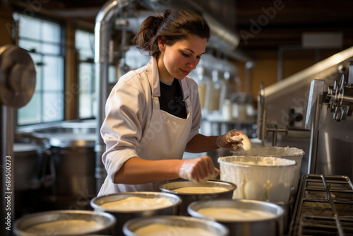 Photo of a woman preparing food in the kitchen. Industrial cheese production plant. Modern technologies. Production of different types of cheese at the factory.