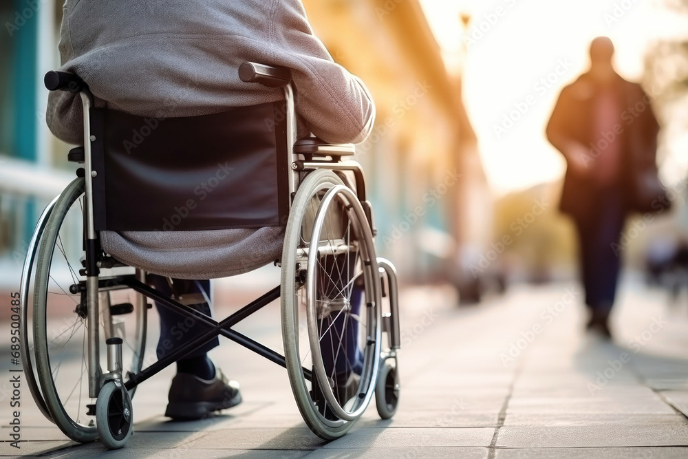Obraz premium An elderly person with disabilities in a wheelchair in an autumn park. Old age. Walking in a wheelchair in the park.