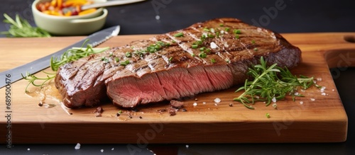 Cooked flank steak on cutting board. photo