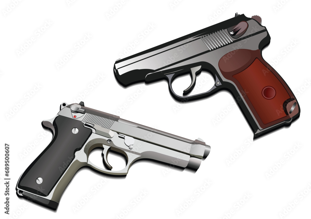 Two pistols image. 3d color vector hand drawn illustration