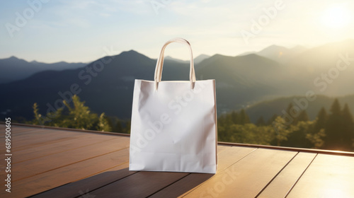 Blank white mockup reusable ECO shopping bag natural mountain view background, Plastic-free, zero-waste. Save the planet. Environmental conservation and recycling concepts. Template for design photo
