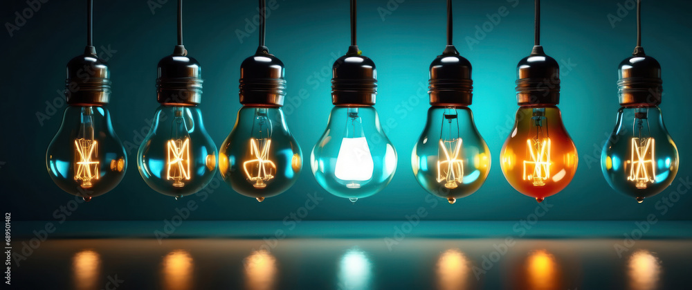One hanging light bulb glowing different and standing out from unlit incandescent bulbs with reflection on dark cyan background , leadership and different business creative idea concept. 3D rendering. One hanging light bulb glowing different and standing out from unlit incandescent bulbs with reflection on dark cyan background , leadership and different business creative idea concept. 3D rendering.