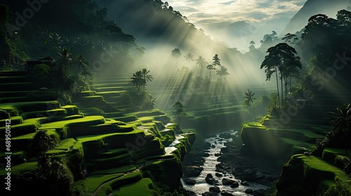 Terraced rice fields with morning mist and sunbeams